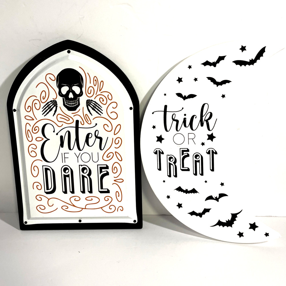 Halloween Signs Decor Trick Or Treat Moon Bats Pair Set of 2 Tombstone Skull